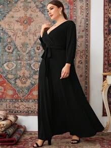 Modelyn Plus Overlap Collar Bishop Sleeve Belted Dress - Black - View 1