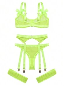 5入組螢光綠網紗蝴蝶結裝飾鋼圈吊帶襪內衣套裝& 1對腿環