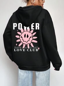 SHEIN EZwear Cartoon & Slogan Graphic Drop Shoulder Drawstring Thermal Lined Hoodie - Black - View 3