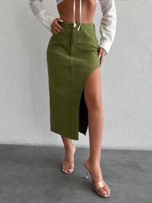 Cottnline 高衩牛仔半身裙