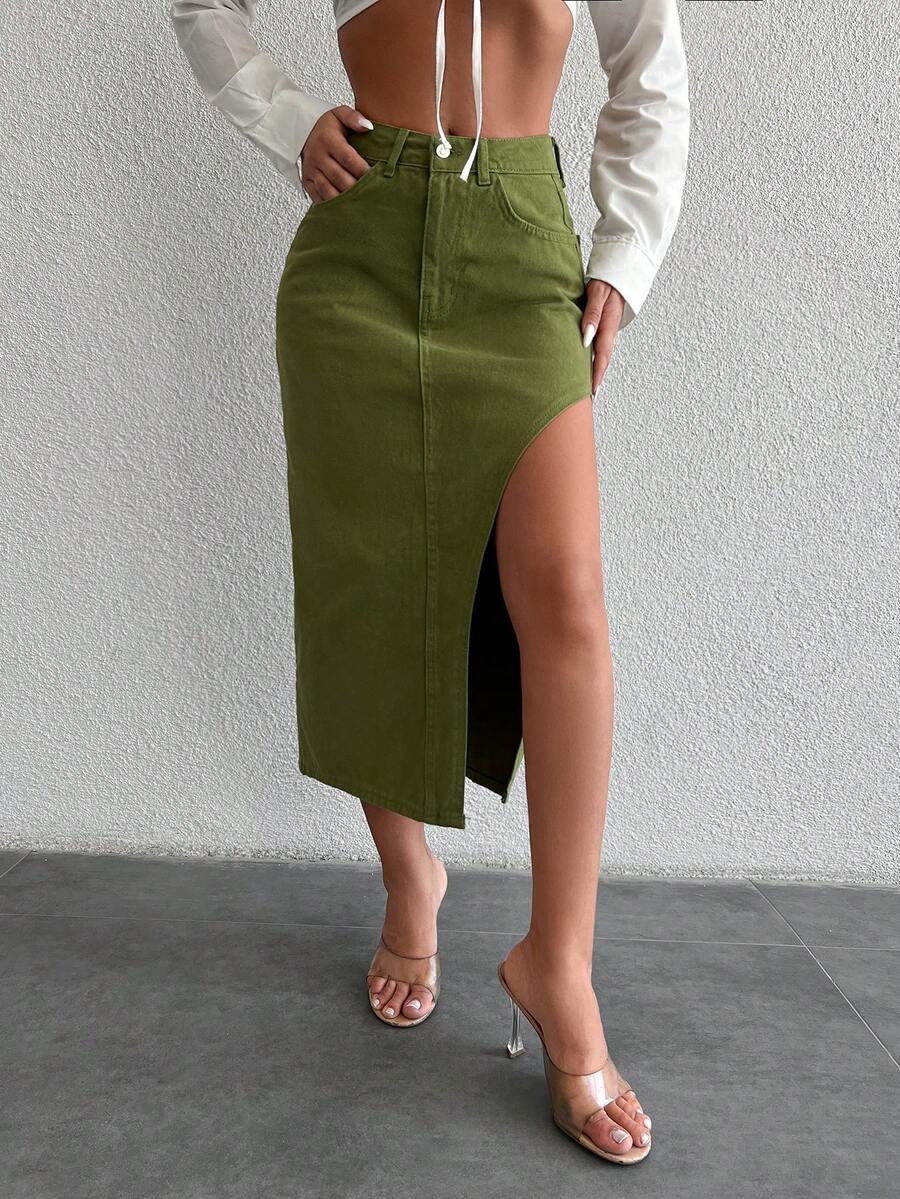 Cottnline 高衩牛仔半身裙