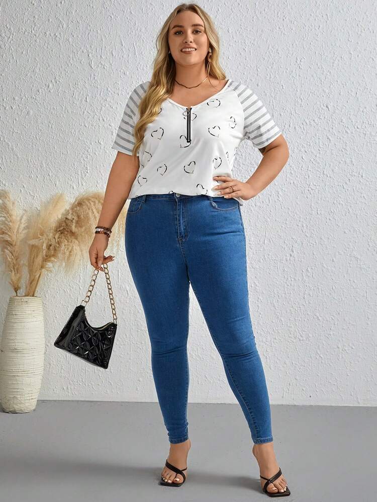 Plus Heart Print Raglan Sleeve Half Zip Tee