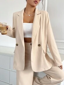 SHEIN EZwear 素色雙排釦西裝外套&闊腿褲 - 杏色 - 查看 5