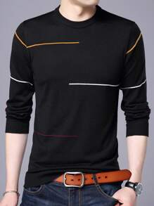 Men's Crew Neck Long Sleeve Contrast Color Striped Knitted Sweater, Light Weight For Spring And Autumn - Black - View 1