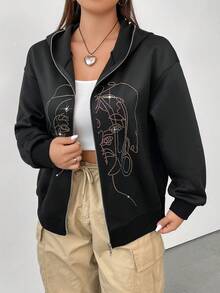 SHEIN Coolane Sudadera con cremallera con gráfico de figura de talla grande - Negro - Ver 4