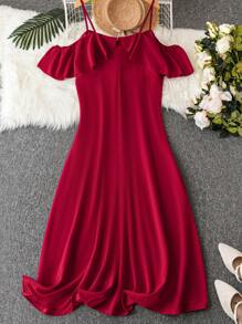 SHEIN Belle Vestido largo con escote asimétrico, volantes y bajo de sirena en tono borgoña para mujer - Burdeos - Ver 2