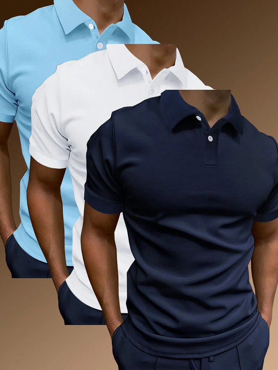 Manfinity Homme Men 3pcs Solidcollar Work Polo Shirt, For Husband - Multicolor - View 1