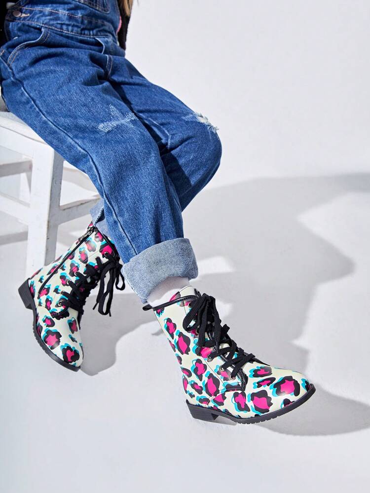 And Cool Children's Comfortable Anti-Skid Motorcycle Boots With Leopard Print And Colorful Design