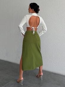 Cottnline 高衩牛仔半身裙