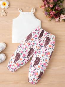 Baby Girl Letter Graphic Cami Top & Floral Print Pants - Multicolor - View 2