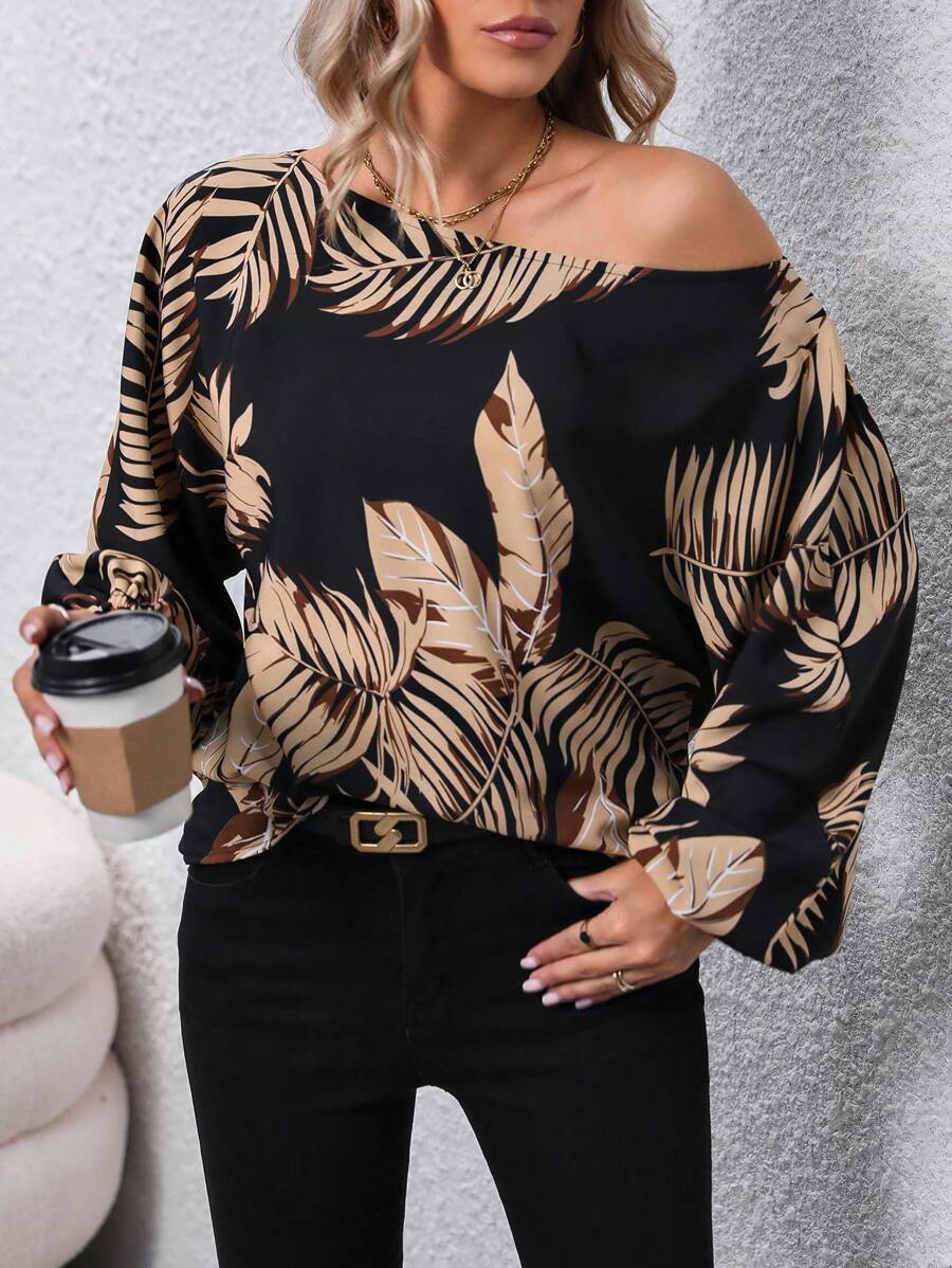 SHEIN LUNE Tropical Print Asymmetrical Neck Lantern Sleeve Blouse - Black - View 1