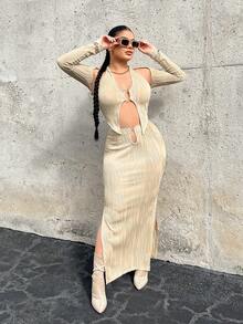 SHEIN SXY 環鏈繞頸不對稱下擺短款上衣帶前胸敞開短上衣 - 卡其色 - 查看 6