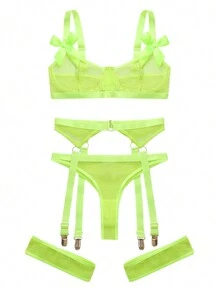 5入組螢光綠網紗蝴蝶結裝飾鋼圈吊帶襪內衣套裝& 1對腿環