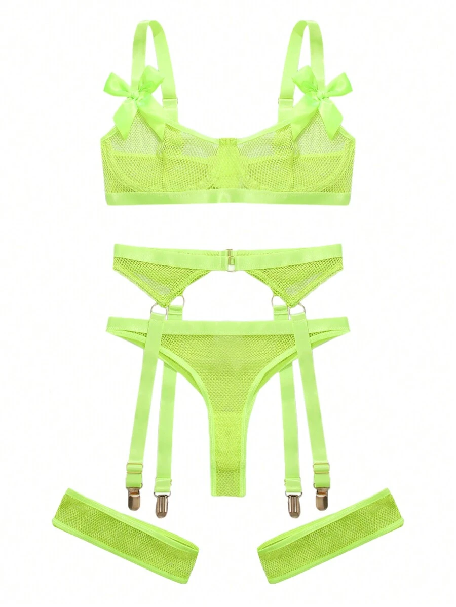 5入組螢光綠網紗蝴蝶結裝飾鋼圈吊帶襪內衣套裝& 1對腿環
