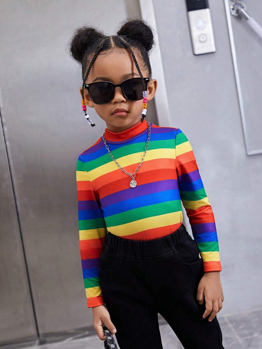 SHEIN 年轻女孩基本款休闲彩虹条纹立领长袖针织上衣，秋冬 - 彩色 - 查看 1