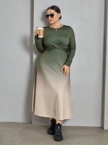 SHEIN Essnce 大碼漸變圖案前扭結A字洋裝 - 綠色 - 查看 5