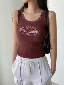 DAZY Eagle & Letter Graphic Lace Trim Tank Top - Rusty Rose - View 5