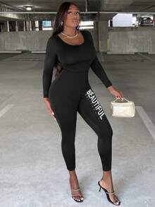 Slaydiva Letter Graphic Scoop Neck Unitard Jumpsuit - Black - View 5