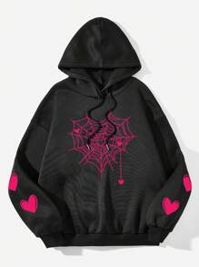 SHEIN Coolane Hearts Spiderweb Print Hoodie, Loose Fit, Women's Fall/Winter Sweatshirt - Black - View 1