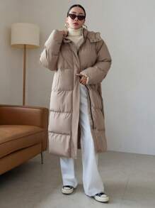 DAZY Slant Pockets Hooded Puffer Thick Pockets Coat - Khaki - View 6