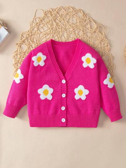 Baby Girl Floral Pattern Knitted Cardigan, Autumn/Winter