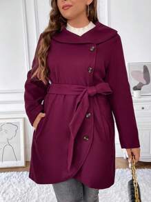 SHEIN Clasi Plus Foldover Collar Asymmetrical Hem Belted Coat - Burgundy - View 3