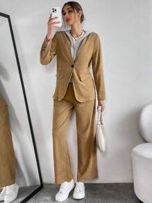 SHEIN Essnce 素色單釦西裝外套和褲子 - 卡其色 - 查看 3