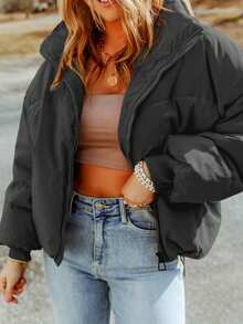 CILKOO Chaqueta con cremallera, acolchada en los hombros, de unicolor y casual, para otoño/invierno - Negro - Ver 4