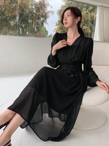 DAZY Solid V Neck Lantern Sleeve Dress - Black - View 1