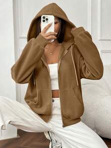 SHEIN EZwear 拉鍊落肩抽繩保暖襯裡連帽夾克 - 咖啡棕 - 查看 6