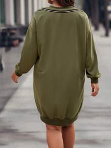 Calvaya Plus Zip Detail Cold Shoulder Sweatshirt Dress - Army Green - View 2