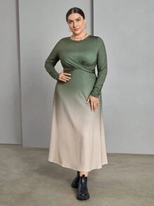 SHEIN Essnce 大碼漸變圖案前扭結A字洋裝 - 綠色 - 查看 3