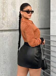 SHEIN SXY Zip Up Suedette Jacket - Brown - View 2