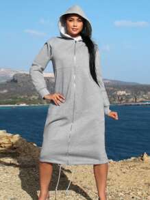 SHEIN SXY 純色拉鍊抽繩連帽長款連帽衫 - 淺灰色 - 查看 1