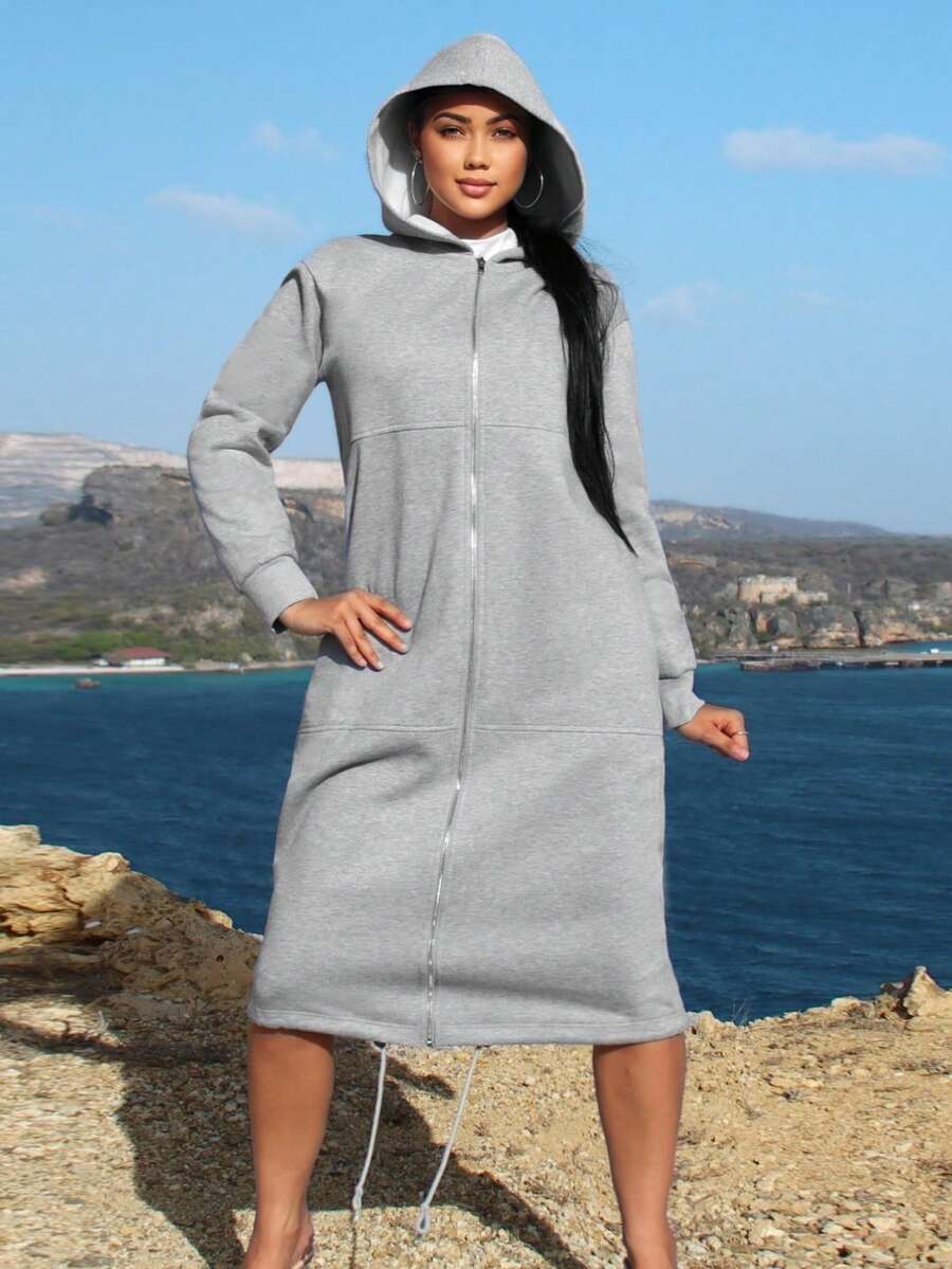 SHEIN SXY 純色拉鍊抽繩連帽長款連帽衫 - 淺灰色 - 查看 1