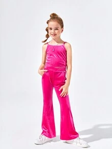 SHEIN 女大童水鑽字母圖案連帽絲絨夾克和喇叭褲和吊帶上衣 - 玫紅色 - 查看 5