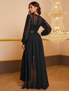 YISIKADO 亮片拼接燈籠袖網紗覆蓋腰帶連身褲 - 黑色 - 查看 2