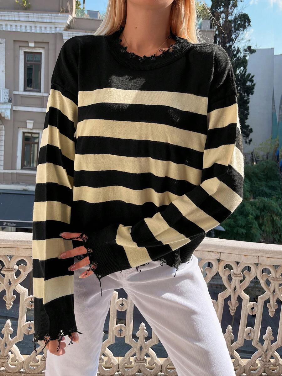 SHEIN 條紋圖案落肩袖仿舊邊套頭毛衣 - 黑色 - 查看 1