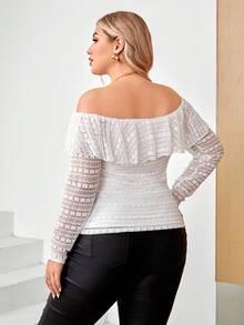 SHEIN Privé Plus Off Shoulder Ruffle Trim Lace Tee - White - View 2
