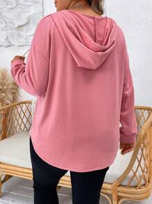 SHEIN LUNE Plus Size Half Zip Drop Shoulder Drawstring Sweatshirt - Hot Pink - View 2