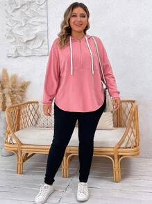 SHEIN LUNE Plus Size Half Zip Drop Shoulder Drawstring Sweatshirt - Hot Pink - View 4
