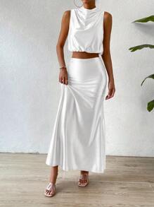 Chiquease Solid Crop Tank Top & Mermaid Hem Skirt - White - View 5