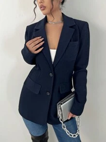 SHEIN Unity Lapel Neck Single Breasted Flap Detail Blazer - Navy Blue - View 3