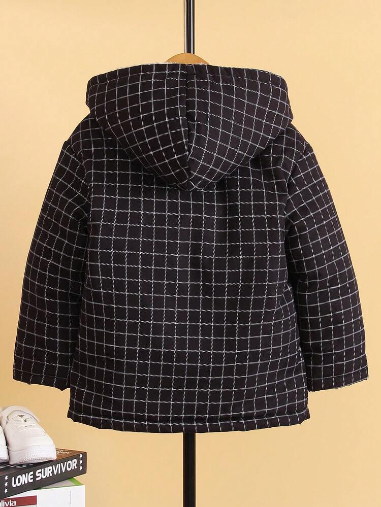 Young Boy 1pc Plaid Print Hooded Padded Coat