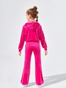 SHEIN 女大童水鑽字母圖案連帽絲絨夾克和喇叭褲和吊帶上衣 - 玫紅色 - 查看 2