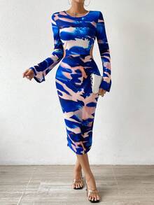 SHEIN Essnce Allover Print Cut Out Waist Bodycon Dress - Multicolor - View 2