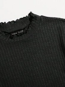 SHEIN EZwear 荷葉邊袖褶邊T恤 - 黑色 - 查看 3