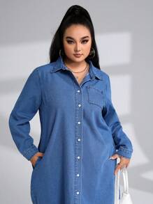 SHEIN LUNE Plus Button Front Curved Hem Denim Dress - Light Wash - View 3