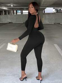 Slaydiva Letter Graphic Scoop Neck Unitard Jumpsuit - Black - View 3