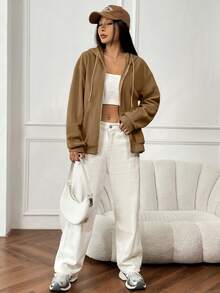 SHEIN EZwear 拉鍊落肩抽繩保暖襯裡連帽夾克 - 咖啡棕 - 查看 3